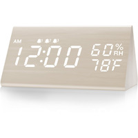 Jall Digital Alarm Clock  With Wooden Electronic Led Time Display  3 Alarm Settings  Humidity & Temperature Detect  Wood Made Electric Clocks For Bedroom  Bedside  Desk  White