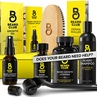 Beard Club Advanced Beard Growth Kit - Derma Roller  Beard Growth Oil  Beard Growth Vitamins And Beard Growth Vitamin Spray  Beard Shampoo And Beard Brush - Gift Set - Cedar