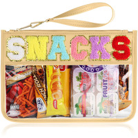 Tesafng Snack Bag For Travel - Clear Chenille Varsity Letter Flat Pouch With Zipper  Waterproof Clear Pvc&Pu Preppy Patch Makeup Cosmetic Tote Bags For Women Girls (Beige-Snacks)