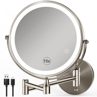 Greenfrom Magnifying Mirror With Lights 1X/15X: 8.5 "" Double Sided Wall Mounted Lighted Makeup Mirror For Bathroom  Brushed Nickel