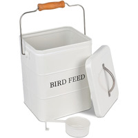 Deayou Metal Bird Seed Container With Scoop  Treats Storage Bin  Coated Carbon Steel  Tight Fitting Lid  White