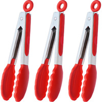 Hinmay 7-Inch Mini Silicone Tongs Small Serving Tongs For Appetizers  Set Of 3 (Red)