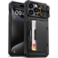 Vihibii For Iphone 15 Pro Max Case With Card Holder (4 Cards) & Slide Camera Cover & Kickstand  Military Grade Drop Protection  Rugged Hard Back & Silicone Edge Wallet Phone Case  6.7"" 2023  Black