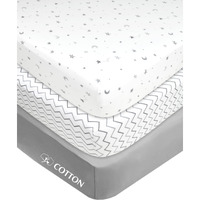 American Baby Company 3 Pack Fitted Mini Crib Sheet 24"" X 38""  Soft Breathable Neutral 100% Cotton Jersey Portable Sheet  Gray Star/Zigzag  For Boys And Girls  Fits Most Pack N Play Mattresses
