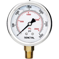 Senctrl 3000 Psi Glycerin Liquid Filled Hydraulic Pressure Gauge  2.5"" Dial Size  1/4"" Npt Lower Mount  Stainless Steel Case  For Air Gas Water Oil Pressure Test