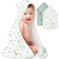 Konssy 2 Pack Muslin Hooded Baby Towels For Newborn Soft 100% Cotton Baby Bath Towel With Hood For Baby  Infant Ultra Absorbent  Baby Stuff Baby Bath Shower Gifts (Green  Leafy 30"" X 30"")