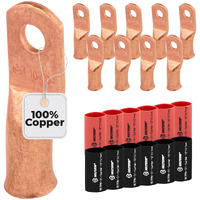 Selterm 10Pcs - 4 Awg - #10 Stud - Battery Lugs - Ring Terminal Connectors | With 12Pcs 3:1 Black & Red Heat Shrink Tubing With Adhesive | Heavy Duty Battery Cable Ends - Bare Copper Wire Lugs Kit