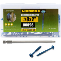Lionmax Pocket Hole Screws 2 Inch  100 Pcs Exterior Pocket Screw #8 X 2  Coarse Thread  Square Drive  Blue Coated Weather Resistant Pocket Hole Screws  150Mm Drive Bit Included