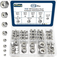 Vifmy 113Pcs Locknuts Assortment Kit  6#32 8#32 10#24 10#32 1/4-20 5/16-18 3/8-16 1/2-13 Sae Lock Nuts  304 Stainless Steel Nylon Insert Hex Lock Nuts  Hex Drive