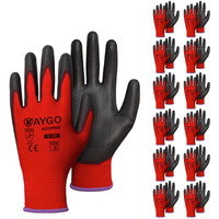 Kaygo Safety Work Gloves Pu Coated-12 Pairs Seamless Knit Glove With Polyurethane Coated Smooth Grip On Palm & Fingers  For Men And Women  Ideal For General Duty Work  Kg11P (Xs  Red)
