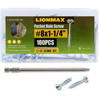 Lionmax Pocket Hole Screws 1-1/4 Inch  100 Pcs Interior Pocket Screw #8 X 1-1/4""  Coarse Thread  Square Drive  Washer Head  Zinc Plated Pocket Hole Screws  150Mm Drive Bit Included