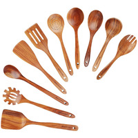 Mooues Wooden Spoons For Cooking  Wooden Utensils For Cooking Natural Teak Wooden Kitchen Utensils Set Comfort Grip (10 Pcs Set)