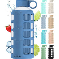 Purifyou 40/32/22/12 Oz Borosilicate Glass Water Bottles With Volume & Times To Drink  Silicone Sleeve & Stainless Steel Lid Insert  Reusable Bottle For Fridge Water  Juice (22Oz Chinese Porcelain)