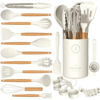 Silicone Cooking Utensils Set - Silicone Kitchen Utensils For Cooking Wooden Handles  446F Heat Resistant Kitchen Utensil Spatula Sets W Holder  Gadgets For Non-Stick Cookware Bpa Free (Cream White)
