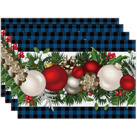 Linen Blue And Black Buffalo Check Plaid Christmas Placemats Set Of 4 Farmhouse Winter Christmas Xmas Holiday Home Kitchen Table Decorations