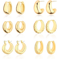 Wgoud Chunky Huggie Earring 14K Gold Hoop Earrings For Men Women Hypoallergenic  Thick Twist Earring (6 Prs Chunky Gold)