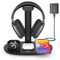 Headphone Stand With 15W Wireless Charger  Suguder 4 In 1 Charging Station Headset Holder For Airpods Max/Pro/4/3/2 Iwatch 10/9/8/7/6/5/4/3/2/1/Se Iphone 16/15/14/13/12/11/X For Desktop Table Game