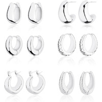 Wgoud Chunky Huggie Hoop Earring For Men Women 14K Gold Hypoallergenic  Thick Twist Earring (6 Prs Chunky Silver)