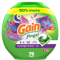 Gain Flings Laundry Detergent Soap Pacs  He Compatible  Long Lasting Scent  Moonlight Breeze Scent  76 Count
