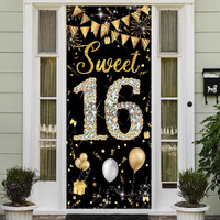 Sweet 16 Birthday Decorations Door Banner  Black Gold Happy Sweet 16 Birthday Decorations For Girls Boys  Sweet Sixteen Party Decorations  Door Cover Sign Decoration Backdrop  6.1Ft X 3Ft Fabric Phxey
