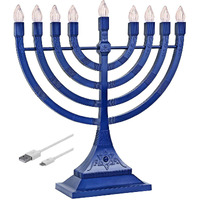 Zion Judaica Blue Electronic Hanukkah Menorah Powered By Batteries Or Usb 4' Cable Included Flameless Chanukkah Candles Holder Led Electric Minorah Bulbs Chanukah Deco Chanukkiah