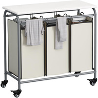 Linzinar 3 Bag Laundry Basket Sorter Heavy Duty Rolling Lockable Wheels Laundry Hamper Cart With Ironing Board And Removable Bags  Black