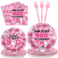 96Pcs Halloween Pink Ghost Party Supplies Boo 2Nd Birthday Paper Plates Napkins Our Little Boo Is Turning Two Party Decoration Spooky Ghost Pumpkin Dinnerware Party Favor Girl Party Tableware Serve 24