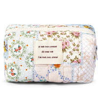 Sminra Floral Small Makeup Bag  Cute Cotton Quilted Cosmetic Bag Pouch Organizer  Aesthetic Coquette Preppy Portable Purse Toiletry Bag For Women Girls Travel Accessoriess (Blue Floral-S)