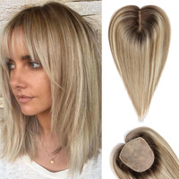 Starluck Hair Toppers For Women With Bangs  5""*5.5""Large Coverage Ombre Light Brown With Blond Highlight 100% Real Human Hair Toppers For Women With Thinning Hair Cover Gray Hair Roots
