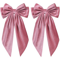 2Pc Beige Pink Velvet Ribbon Hair Bows With Long Tail For Women Girls Thick Hair Styling Accessory Oversized Bow-Knot French Hair Barrette Clips Clamp Fall Winter Early Spring Ponytail Holder Stuff