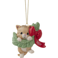 Precious Moments 2024 Dated Cat Ornament | Hanging Out For The Holidays Dated 2024 Cat Bisque Porcelain Ornament | Cat Christmas Decor & Gifts