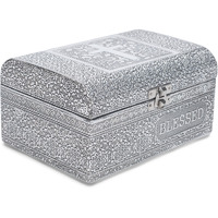 Cottage Garden Blessed Silver Tone Metal Stamped Round Top Trunk Keepsake Box