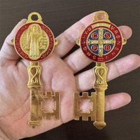 2Pcs/Set Enamel Double Side Saint Benedict 4.9Inchx2.9Inch Key Blessing For Protection - Medalla De San Benito Home And Door Hanger - Wall Hanger Catholic Easter Day Gifts - Llave De San Benito Gift (Golden&Red)