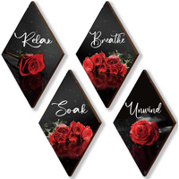 Onizhity Set Of 4 Red Bathroom Decor Rose Wooden Wall Decor Flower Rustic Romantic Floral Farmhouse Wall Decor Modern Breathe Soak Unwind Relax Signs Red Decor For Room Kitchen Bathroom (Red 12 X 7)