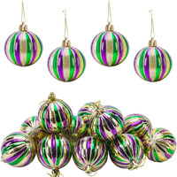 Watayo 12 Pcs Mardi Gras Ball Ornaments- 2 Inch Mardi Gras Shatterproof Hanging Ornaments For Mardi Gras Holiday Christmas Ornaments New Orleans Party (Vertical Striped)