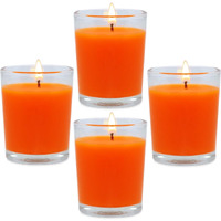 4 Packs Unscented Orange Votive Candles In Glass  2 Inch Natural Soy Wax Scentless Fall Harvest Autumn Candles For Halloween Thanksgiving Wedding Party Home Holiday Relaxation  12-15 Hour Burning Time
