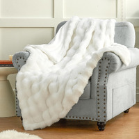 Plush & Plaid Faux Fur Throw Blanket For Couch Sofa  Fuzzy Soft Thick Bubble Blanket For Bedroom Living Room  50 By 60 Inches  White