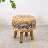 Cpintltr Round Ottoman Natural Seagrass Footstool Hand Weave Water Hyacinth Poufs Eco Friendly Sofa Foot Stool Soft Step Stool Padded Foot Rest With Pine Legs For Living Room Bedroom Blue