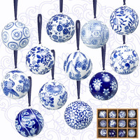 Cindeer 12 Pcs Christmas Porcelain Balls 2.4 Inch Blue And White Porcelain Chinoiserie Ornament Bulk Porcelain Hanging Decorative Ceramic Decor For Home Tree Xmas Party (Groovy Style)