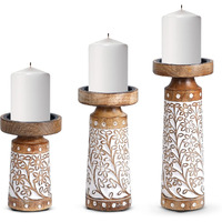 Pillar Candle Holders- Rustic White Hand Carved Mango Wood Candle Holders For Pillar Candles In Home  Living Room  Kitchen Or Table Centerpiece Set Of 3 Candlestick Holders- 6""  8""  10"" For Home Decor