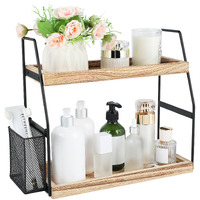 Bathroom Counter Organizer  2-Tier Standing Storage Shelf With Basket  Wood Tray For Skincare Vanity Organizer