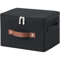 Vinnegenzz Storage Bins With Zipper Lid Cotton Linen Fabric Lidded Storage Baskets Boxes Foldable Washable Closet Shelf Clothes Organizer Container With Pu Leather Handles (Black  Small Size)