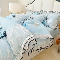 Ihoustriy Duvet Cover Queen Size  Ruffle Beddding Set With Bowtie  3 Pieces Comforter Cover Set With Zipper Closure  Girl Bedding With Pillowcase - Light Blue  Queen