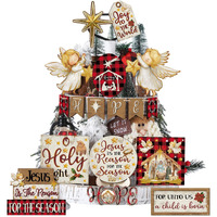 Vercraft Christmas Tiered Tray Decor Winter Tiered Tray Decorations Set Snowman Snowflake Gnome Truck Wooden Signs Farmhouse Christmas Table Decorations For Home Table Shelf(Nativity Scene)