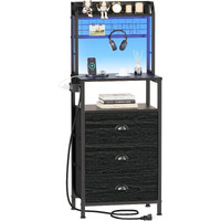 Furologee Tall Nightstand With 3 Drawers  Bedside Table With Led Lights And Charging Station  Black Nightstand With Pegboard And Shelves  Tall Bedside Table For Bedroom/Living Room/Dorm/Black Oak
