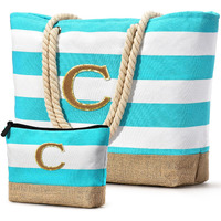 Becokan Beach Bag Initial Beach Tote With Makeup Bag For Travel  Work  Storage Personalized Valentines Day Birthday Gifts For Women Her