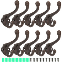 Peohud 10 Pack Cast Iron Coat Hooks  Rustic Wall Hooks  Wall Mounted Farmhouse Coat Hangers  Heavy Duty Double Hooks For Hanging Coats  Bags  Caps  Hats  Towels  Keys