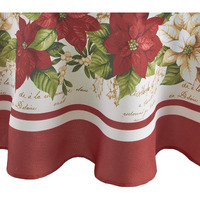 Elrene Home Fashions Red And White Poinsettia Holiday Fabric Wrinkle Resistant Tablecloth  70"" Round  Multi