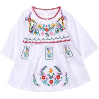 Kashoer Newborn Toddler Baby Girls Ethnic Embroidery Floral Dress Long Sleeve Party Sundress Skirt (12-18Months  White)