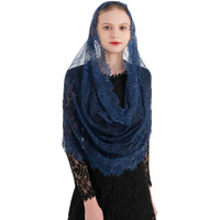 Pamor Spanish Style Lace Traditional Vintage Inspired Infinity Shape Mantilla Veil Latin Mass Head Covering (Navy Blue)